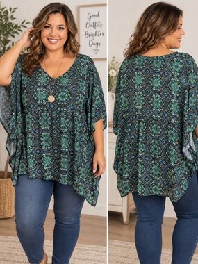 Kim Rogers Plus Size Boho Poncho Kaftan Top Colorful Medallion Print Flowy Tunic